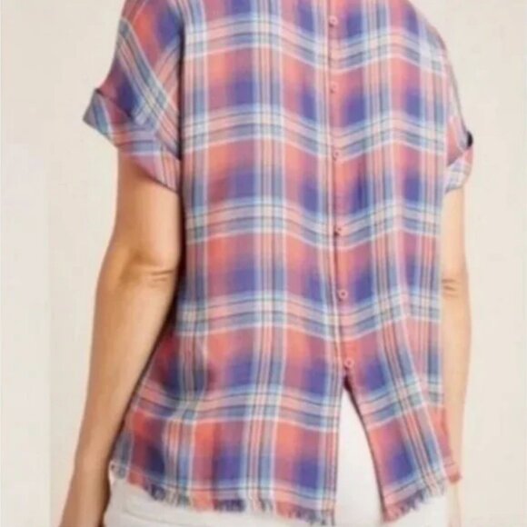 Anthropologie Cloth & Stone Button Back Short Sleeve Plaid High Low Size Medium - Picture 2 of 8
